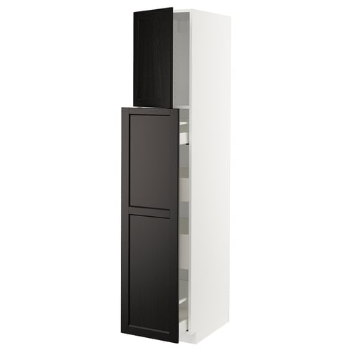 METOD tall white kitchen unit with black stained wooden doors, adjustable shelves, and slow-closing drawers.