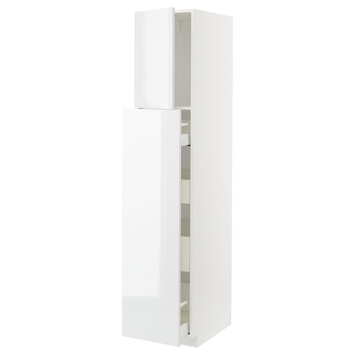 White METOD kitchen cabinet with glossy finish and adjustable shelves. 25-year warranty.