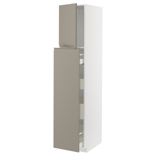 The IKEA METOD kitchen cabinet in matte grey-beige with integrated handles, designed for modern and organised kitchen storage.