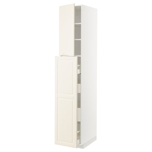 White METOD kitchen cabinet with adjustable shelves, side-opening doors, and bevelled off-white bodbyn fronts.