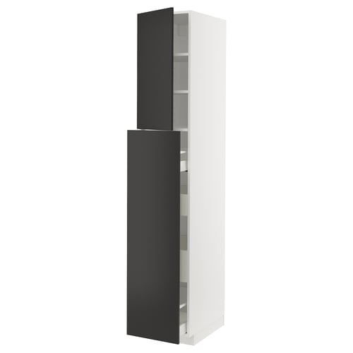 A vertical white kitchen cabinet with two black doors, one partially open, revealing storage shelves.