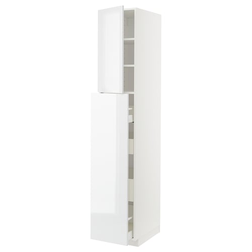 White high-gloss METOD kitchen cabinet, tall and rectangular with adjustable shelves and soft-close drawers.