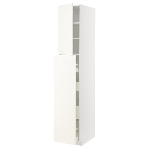 White METOD kitchen cabinet with vallstena fronts; tall, rectangular, minimalist design.
