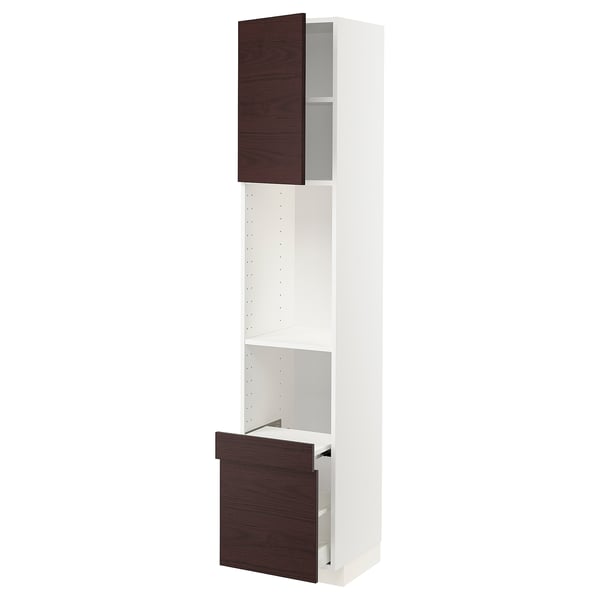 METOD / MAXIMERA Hi cab w pull-out shelf/drawer/door, white Askersund/dark brown ash effect, 40x41x200 cm