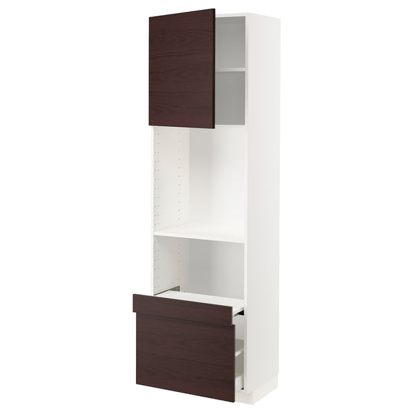 METOD / MAXIMERA Hi cab w pull-out shelf/drawer/door, white Askersund/dark brown ash effect, 60x41x200 cm
