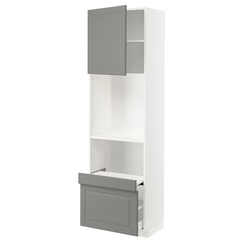 White and grey kitchen cabinet, tall, with drawer and shelf, modern, grey doors.