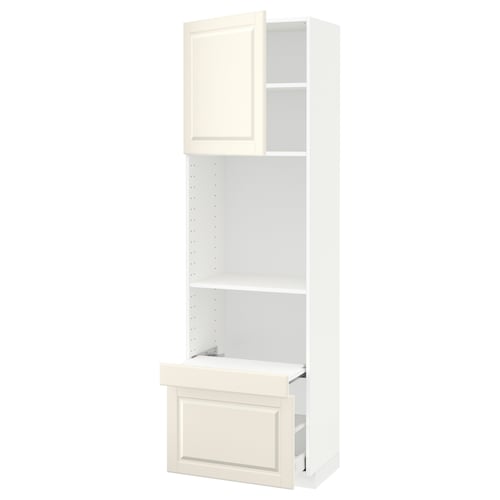 METOD kitchen unit, off-white, wooden, tall with shelves, drawers, and cabinet.