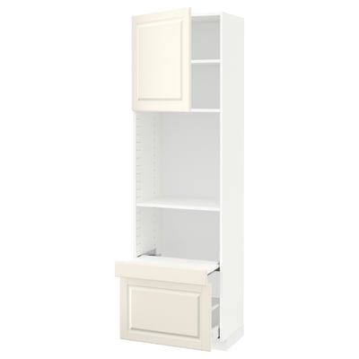 METOD / MAXIMERA Hi cab w pull-out shelf/drawer/door, white/Bodbyn off-white, 60x41x200 cm