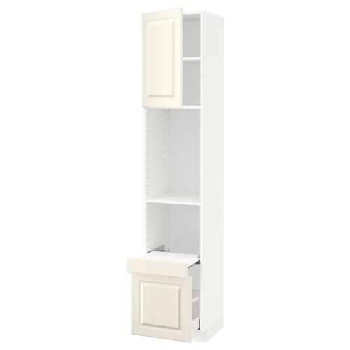 White kitchen cabinet with shelves, single door, off-white, modern & traditional design.