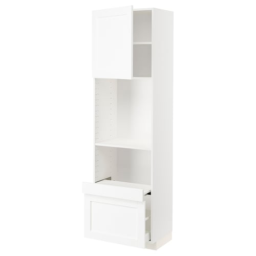 White METOD kitchen unit. Vertical, tall cabinet with open shelves, adjustable shelf, and pull-out drawer. Sleek, modern design.