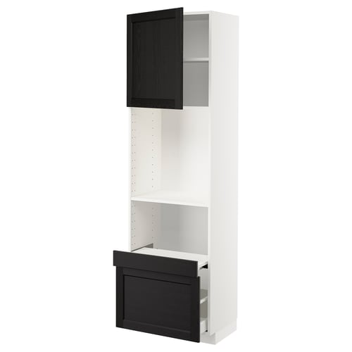 White tall kitchen cabinet with stained black wooden doors, adjustable shelves, and modern design.