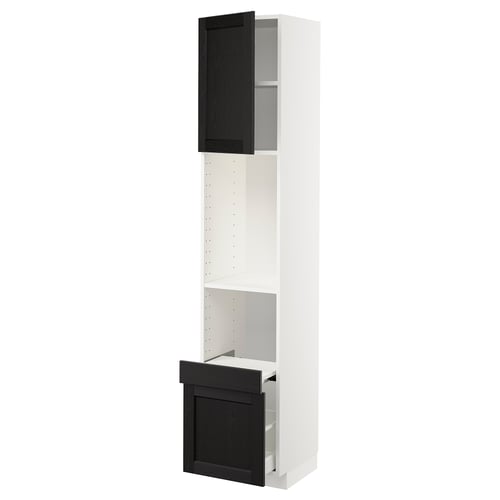 METOD kitchen cabinet with stained black doors and bevelled edges, tall unit with shelf and drawer.