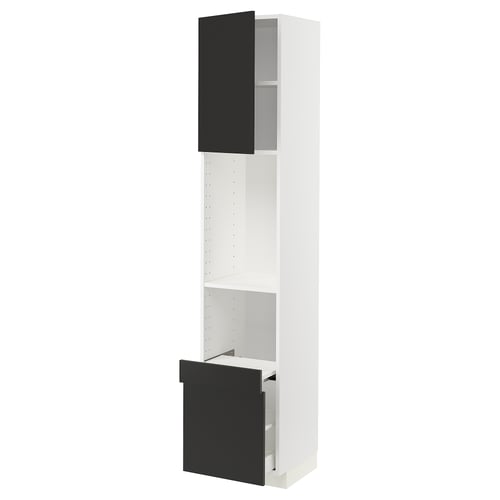 Modern tall kitchen cabinet with black doors, adjustable shelves, and streamlined design.