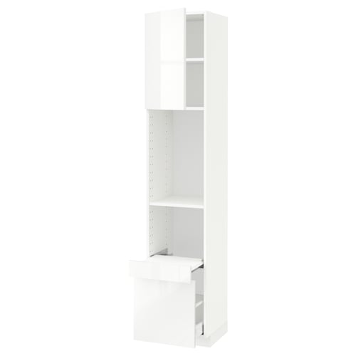 A white METOD high cabinet with adjustable shelves and a tilt-out drawer.