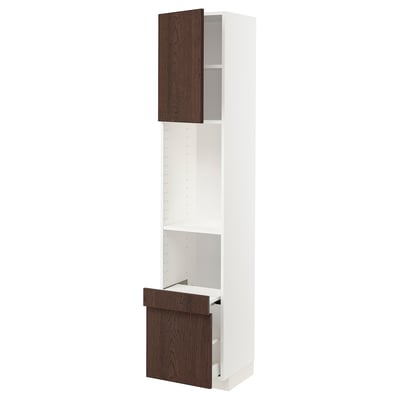 METOD / MAXIMERA Hi cab w pull-out shelf/drawer/door, white/Sinarp brown, 40x41x200 cm