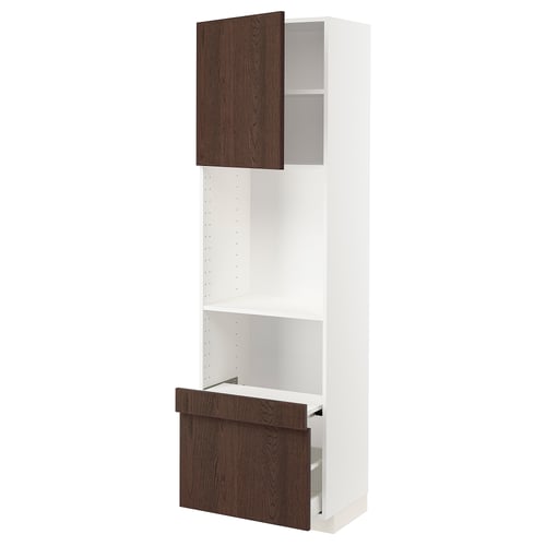 METOD tall kitchen unit with dark brown sinarp wood fronts, white frame, and adjustable shelves.
