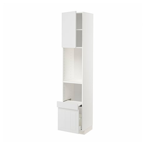 A white METOD kitchen cabinet with a light, crafted design. It a door, drawers and shelves, and is made of engineered wood and metal.