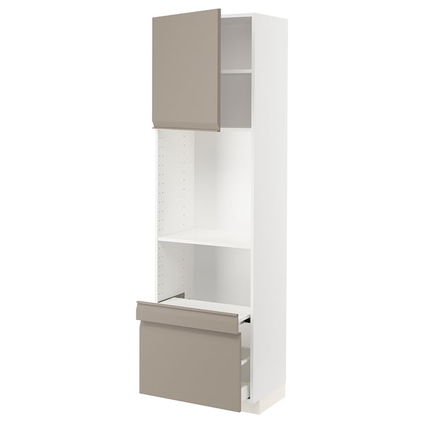 METOD / MAXIMERA Hi cab w pull-out shelf/drawer/door, white/Upplöv matt dark beige, 60x41x200 cm
