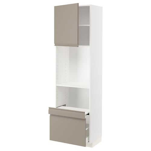 Ikea METOD white kitchen cabinet with grey-beige drawers and shelves.