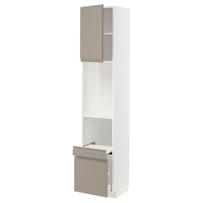 METOD / MAXIMERA Hi cab w pull-out shelf/drawer/door, white/Upplöv matt dark beige, 40x41x200 cm