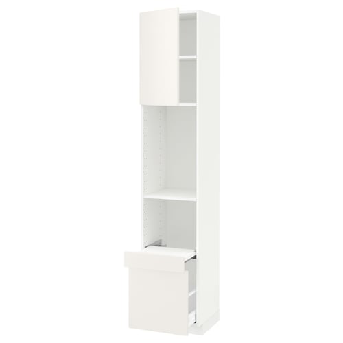 METOD kitchen unit, white. Tall, slim, open design with adjustable shelves and drawer.