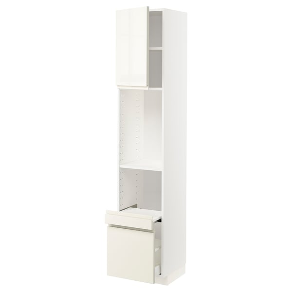 METOD / MAXIMERA Hi cab w pull-out shelf/drawer/door, white/Voxtorp high-gloss light beige, 40x41x200 cm