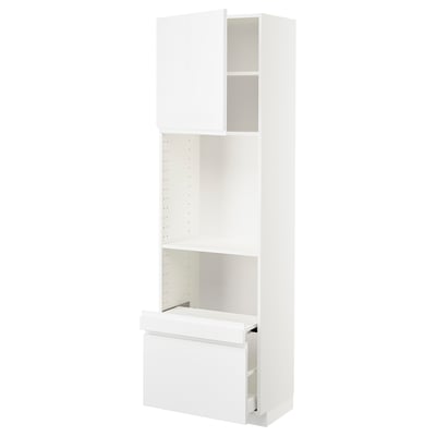 METOD / MAXIMERA Hi cab w pull-out shelf/drawer/door, white/Voxtorp high-gloss/white, 60x41x200 cm