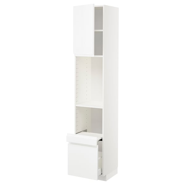 METOD / MAXIMERA Hi cab w pull-out shelf/drawer/door, white/Voxtorp high-gloss/white, 40x41x200 cm