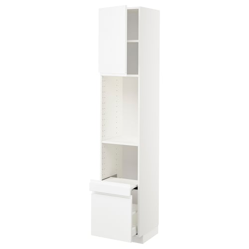 White METOD kitchen cabinet with high gloss, adjustable shelves, and integrated handles.