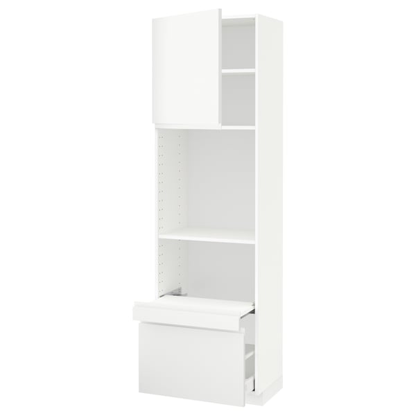 METOD / MAXIMERA Hi cab w pull-out shelf/drawer/door, white/Voxtorp matt white, 60x41x200 cm