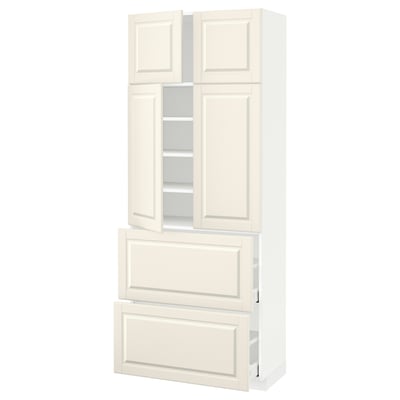 METOD / MAXIMERA Hi cab w shlvs/2 drawers/4 doors, white/Bodbyn off-white, 80x41x200 cm
