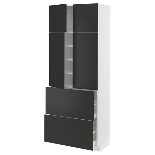 A modern black and white METOD cabinet with drawers and shelves, sleek design.