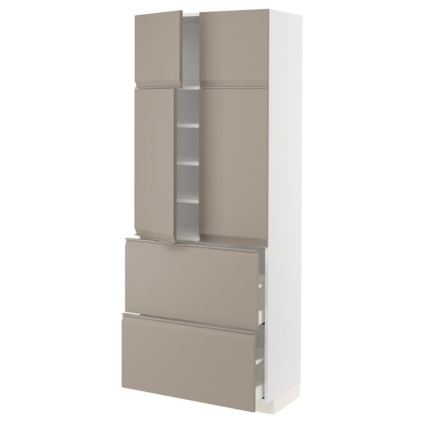 METOD / MAXIMERA Hi cab w shlvs/2 drawers/4 doors, white/Upplöv matt dark beige, 80x41x200 cm