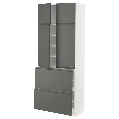 A modern grey and white METOD kitchen cabinet with multiple storage compartments and a sleek design in dark grey and white.