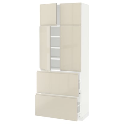 METOD / MAXIMERA Hi cab w shlvs/2 drawers/4 doors, white/Voxtorp high-gloss light beige, 80x41x200 cm