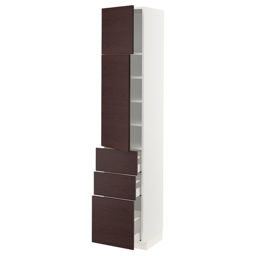 White METOD kitchen cabinet with dark wood ash drawers and shelves.