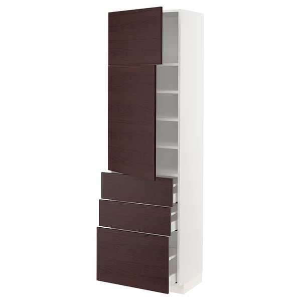METOD / MAXIMERA Hi cab w shlvs/3 drawers/2 doors, white Askersund/dark brown ash effect, 60x41x200 cm