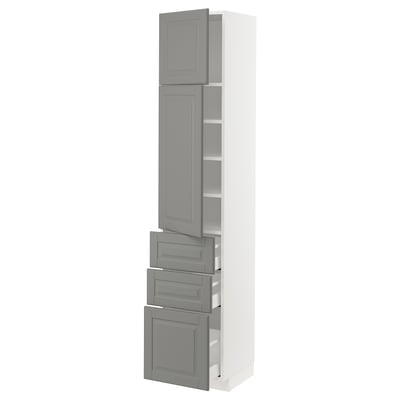 METOD / MAXIMERA Hi cab w shlvs/3 drawers/2 doors, white/Bodbyn grey, 40x41x200 cm