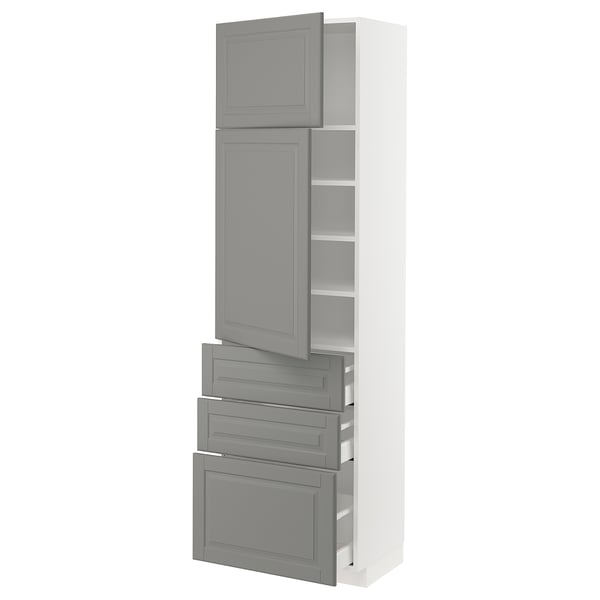 METOD / MAXIMERA Hi cab w shlvs/3 drawers/2 doors, white/Bodbyn grey, 60x41x200 cm