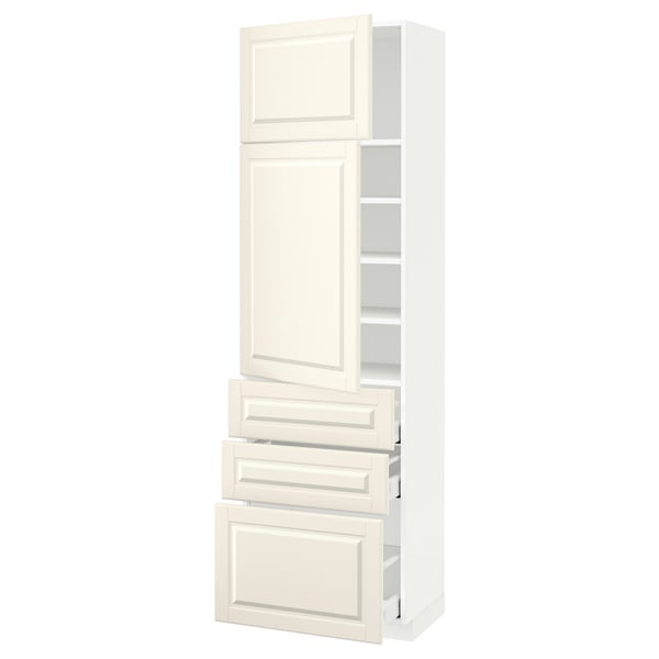METOD / MAXIMERA Hi cab w shlvs/3 drawers/2 doors, white/Bodbyn off-white, 60x41x200 cm