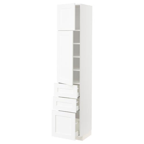 White METOD kitchen cabinet with drawers and shelves.