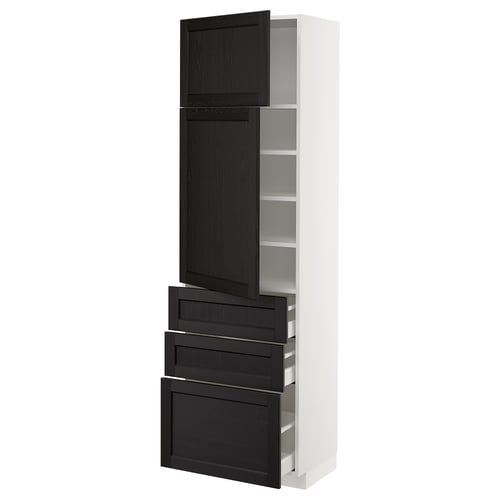 METOD kitchen cabinet: tall white frame, dark wood front, bevelled drawers, 3 shelves, soft-close.