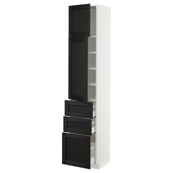 METOD / MAXIMERA Hi cab w shlvs/3 drawers/2 doors, white/Lerhyttan black stained, 40x41x200 cm