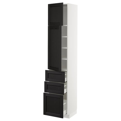 Ikea METOD kitchen unit with black lerhyttan doors, white frame, adjustable shelves, and pull-out drawers.