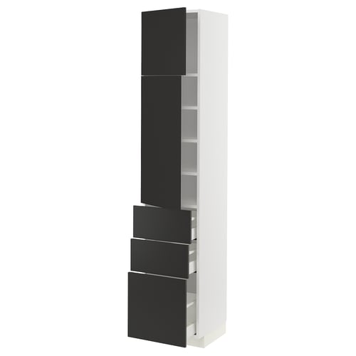 White and black METOD kitchen cabinet with multiple drawers and shelves.