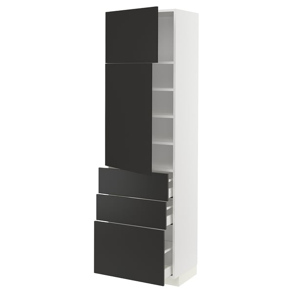 METOD / MAXIMERA Hi cab w shlvs/3 drawers/2 doors, white/Nickebo matt anthracite, 60x41x200 cm