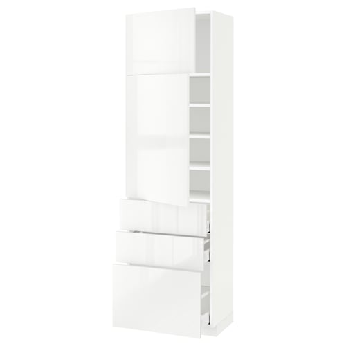 Modern white high gloss kitchen cabinet with drawers and shelves.