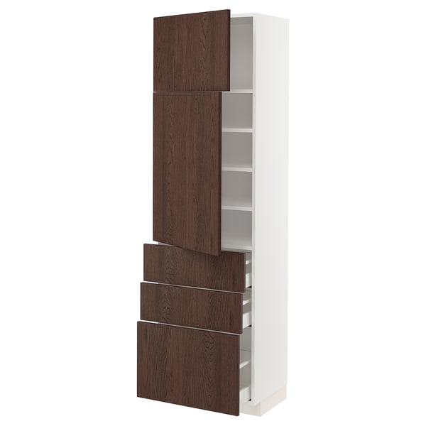 METOD / MAXIMERA Hi cab w shlvs/3 drawers/2 doors, white/Sinarp brown, 60x41x200 cm