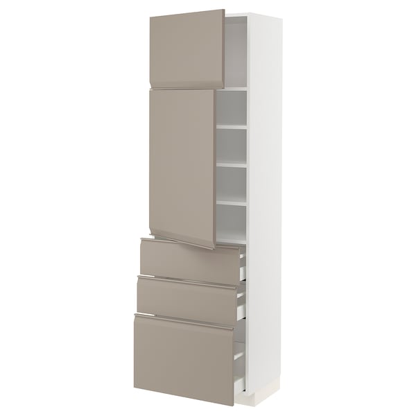 METOD / MAXIMERA Hi cab w shlvs/3 drawers/2 doors, white/Upplöv matt dark beige, 60x41x200 cm