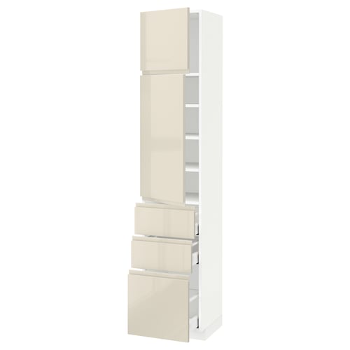 Beige high gloss METOD kitchen unit. Tall, slim cabinet with drawers and shelves. Modern, minimalist design.